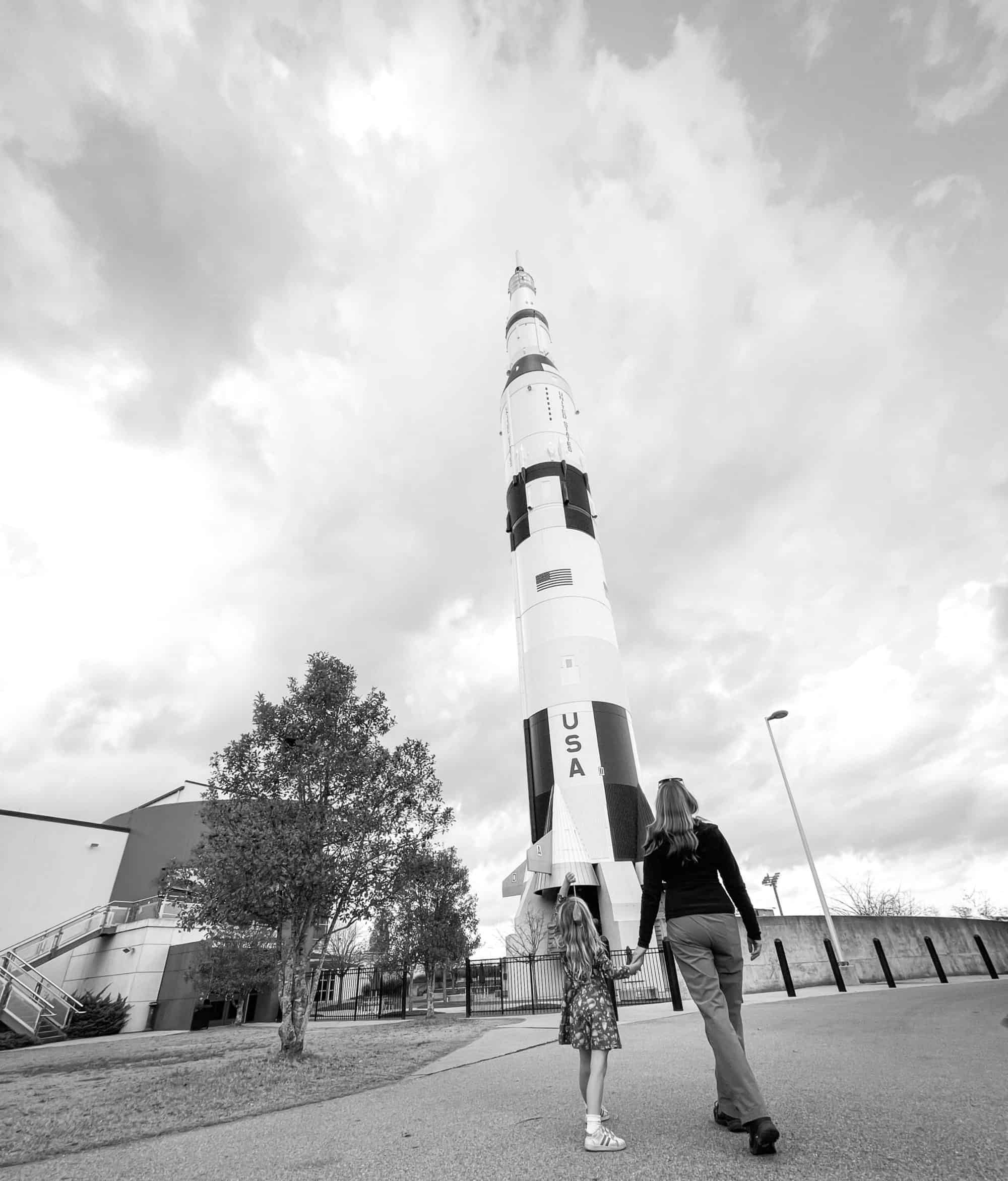 USA - Alabama Road Trip - Huntsville Space Center - Woman and child looking at rocket