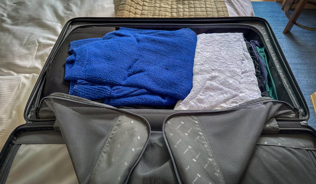 Clothes packed inside a Level8 suitcase, Level8 luggage review 