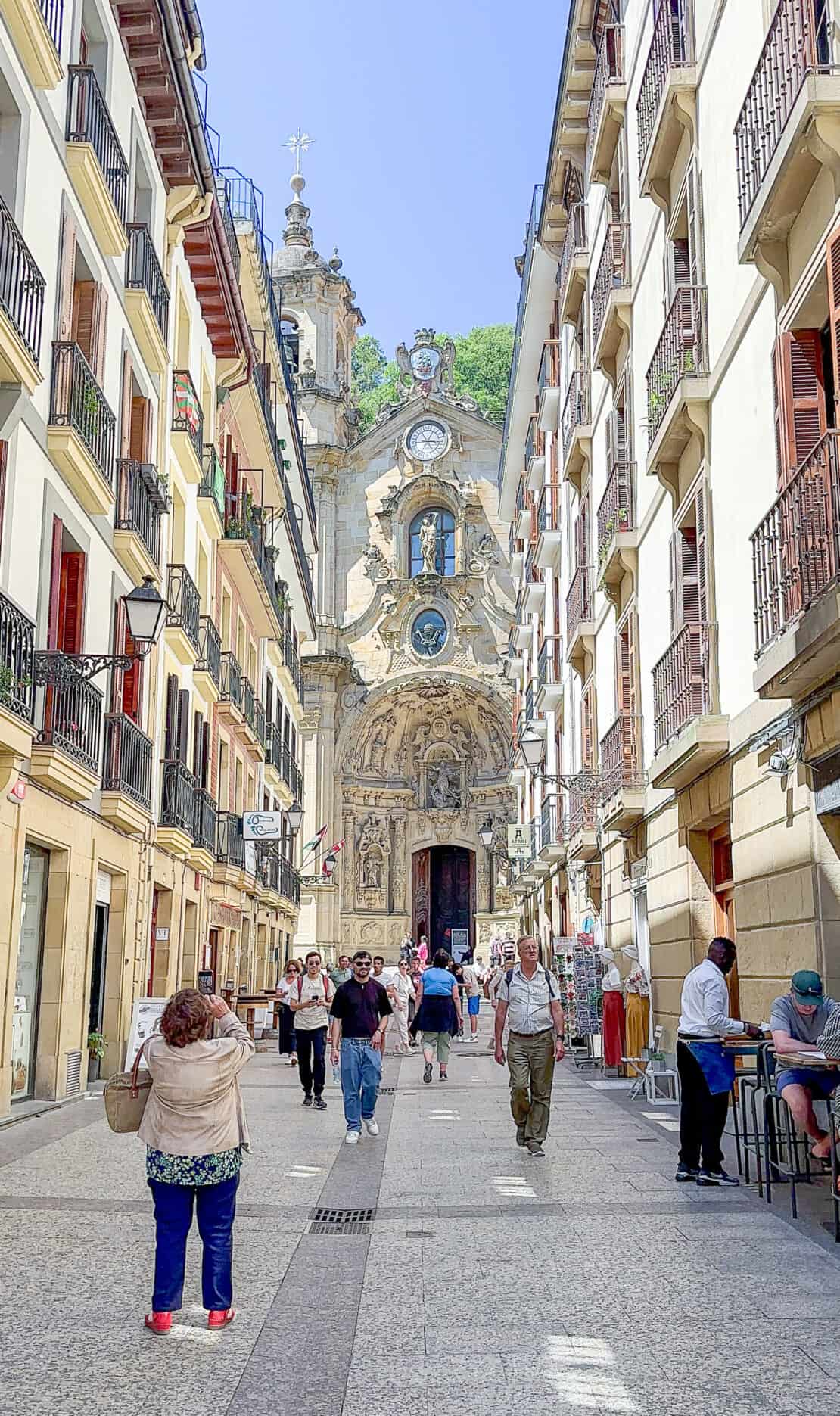 View towards the cathedral in San Sebastian old town, Spain 