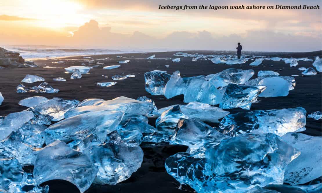 Man on Diamond Beach surrounded by ice in South Iceland 