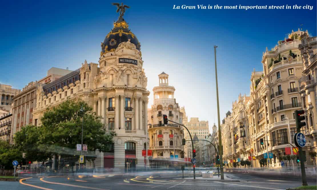 Gran Via at dusk - best neighbourhoods to stay in Madrid