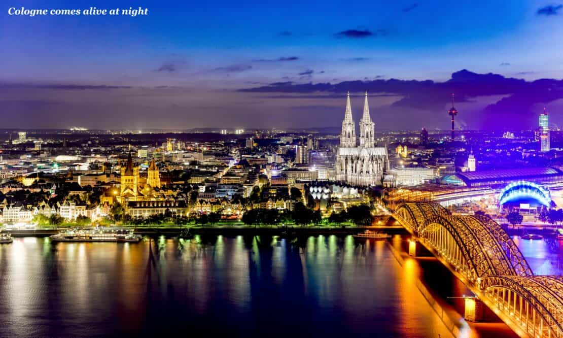 City of Cologne lit up at night, two days in Cologne Germany 