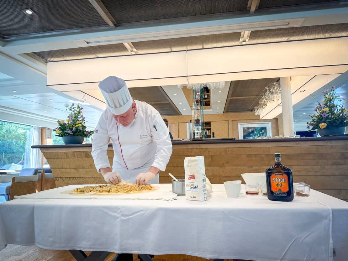 Chef delivers a strudel making demonstration on board the Viking Aegir river cruise - Viking Aegir review