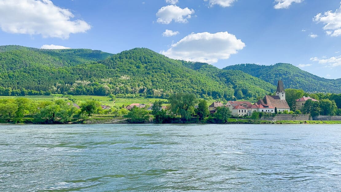 Forest and houses on the banks of the Danube river as seen from the Viking Aegir river cruise - Viking Aegir review