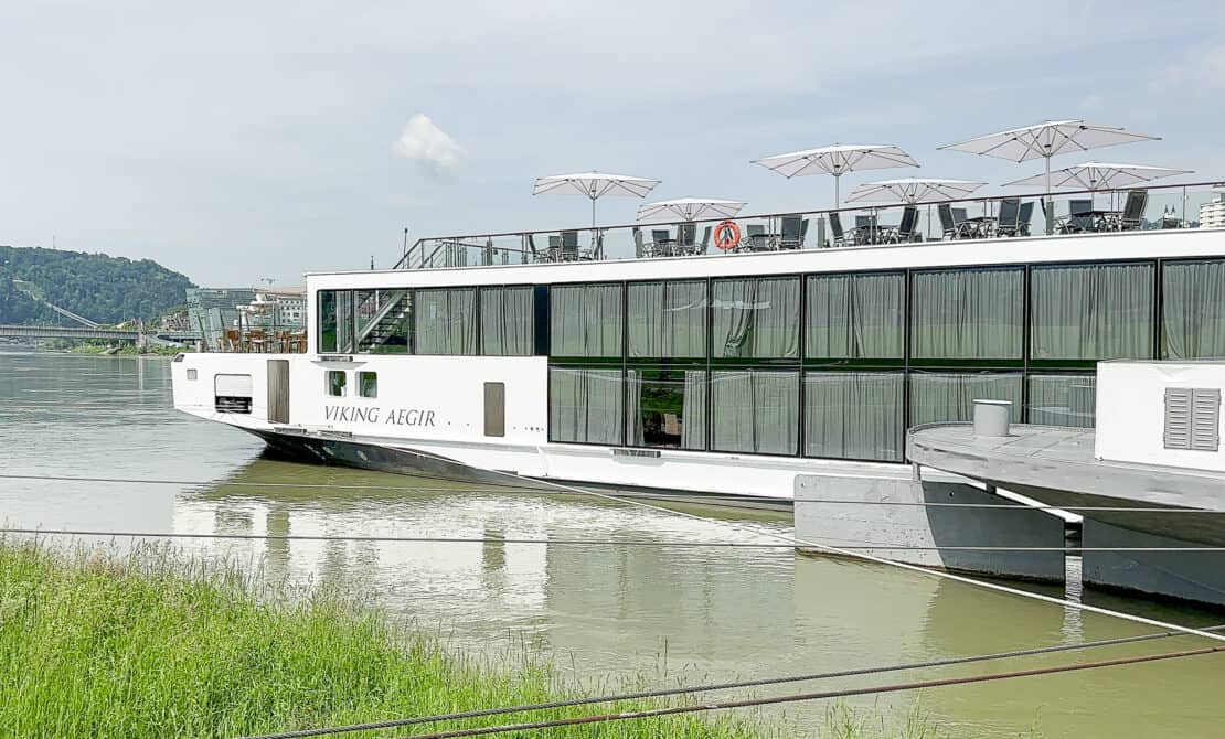 Viking Aegir boat docked on the Danube River ahead of its cruise - Viking Aegir review