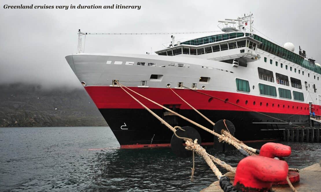 Greenland cruise ship at dock on a grey day - organise a cruise to Greenland