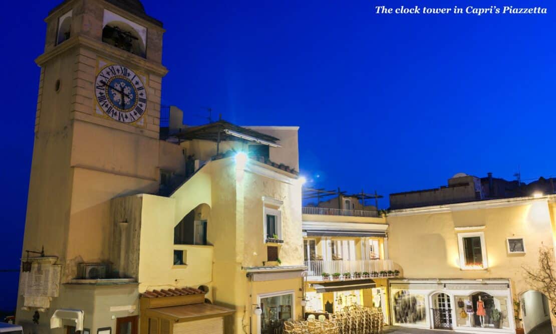 Clock tower in Capri's Piazzetta at night - Capri's Most Scenic Cocktail Spots