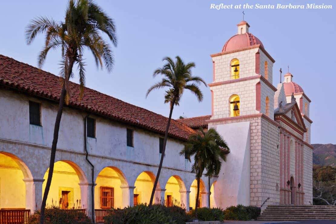 Santa Barbara Mission lit up at dusk - LA to Santa Barbara Road Trip